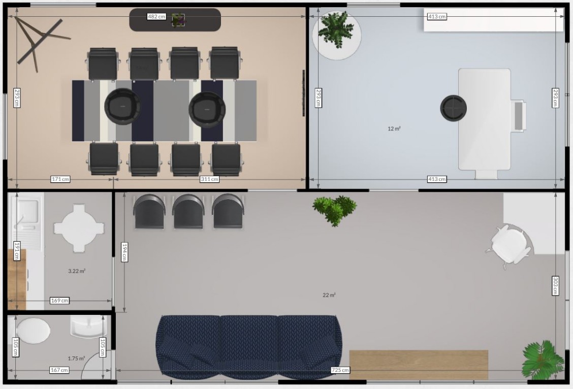 Plan suggestion for a 9m x 6m Office-Meeting room